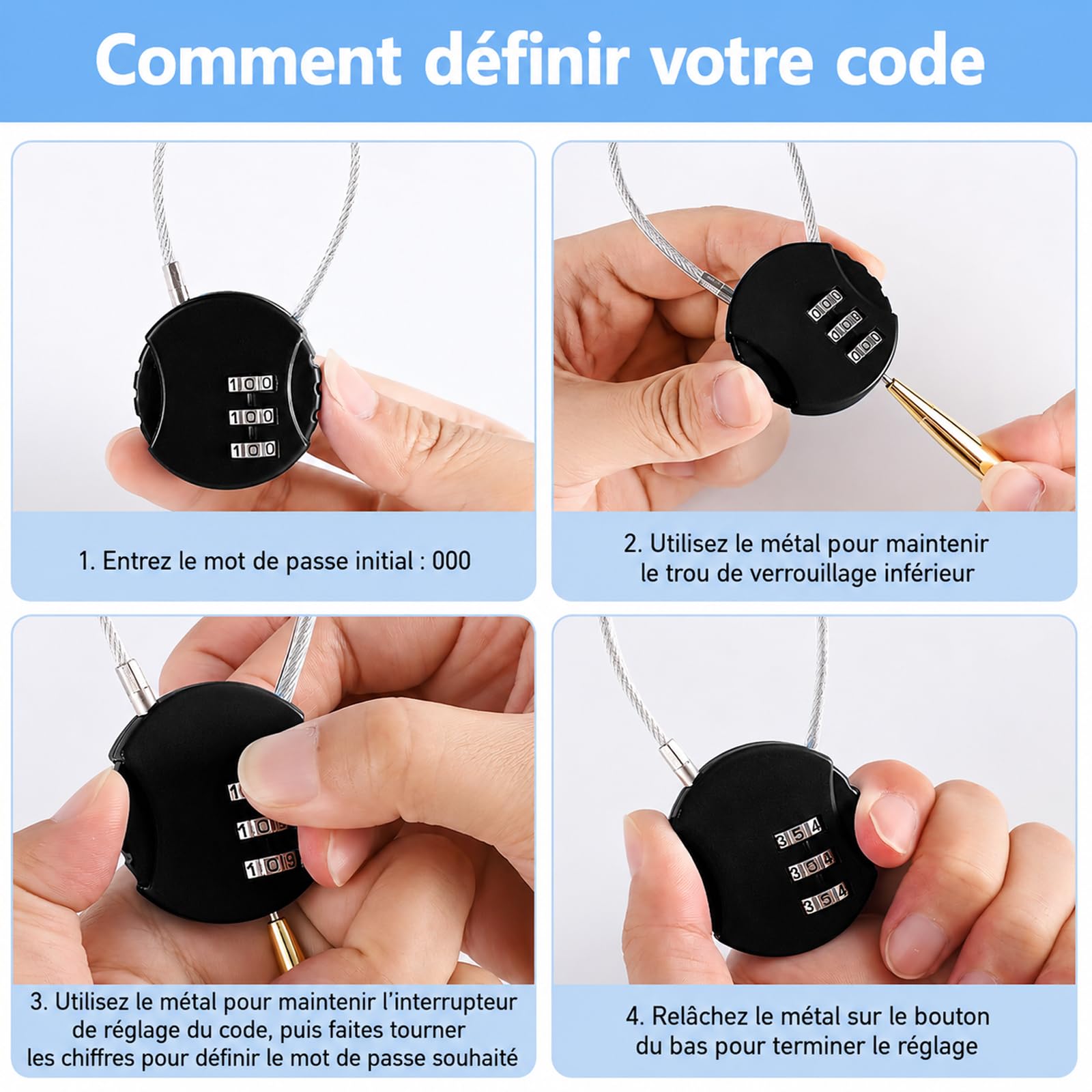 Lot de 36 Petits Cadenas à Câble, Code 3 Chiffres Réinitialisable | Cadenas Noirs en Alliage de Zinc avec Câble en Acier 13,5 cm pour Casiers, Bagages, Sacs et Voyage