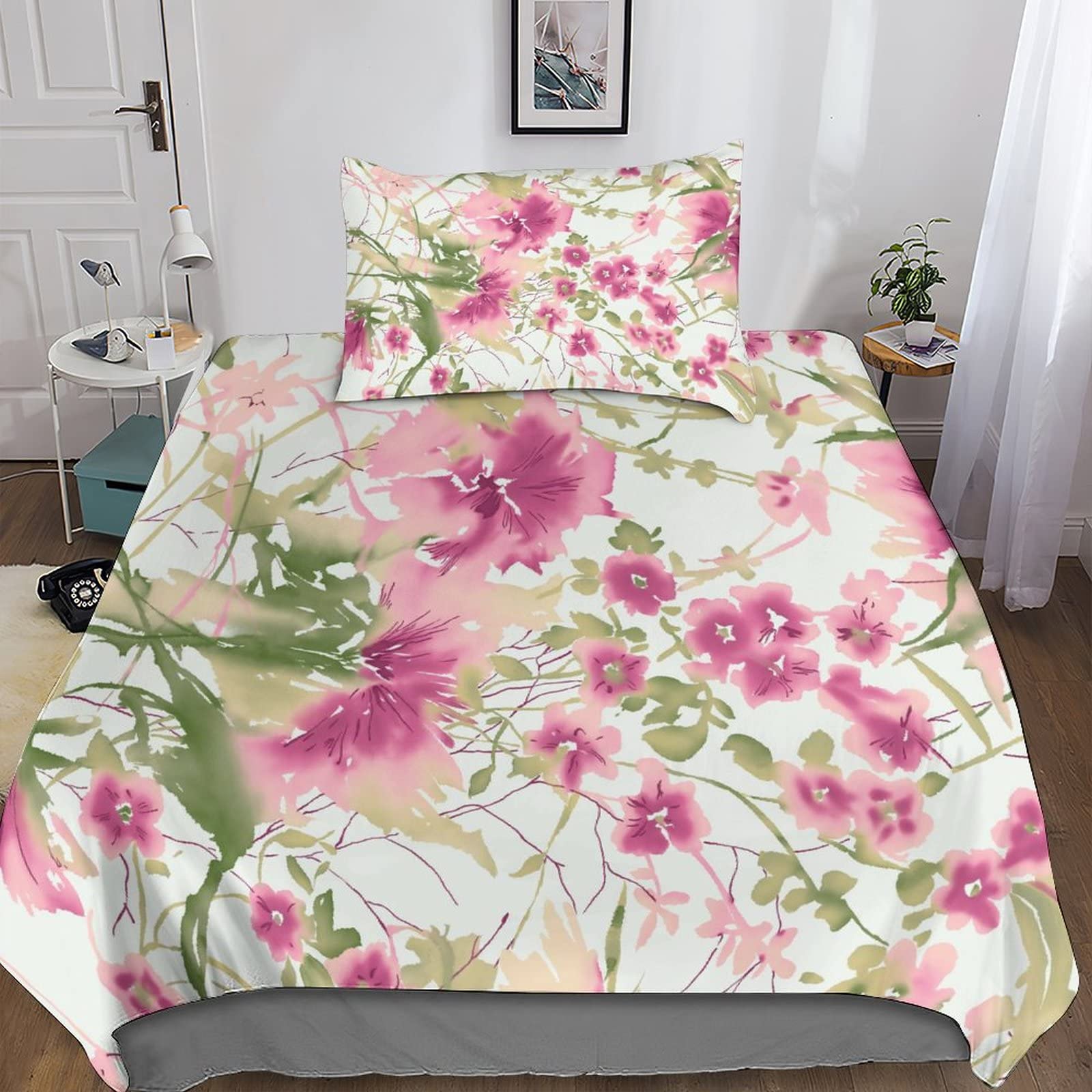 Housse de couette zippée fleurs aquarelle anti-plis lit simple enfants adultes