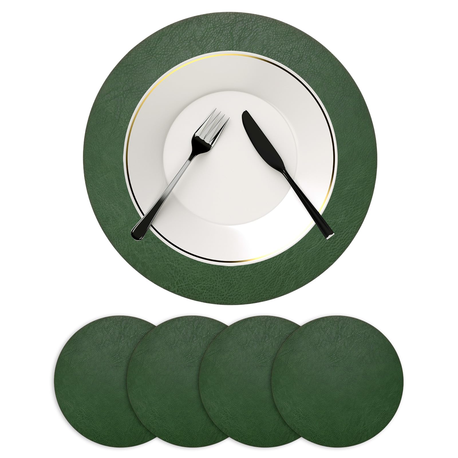 M METERXITY Round Placemats Set of 4, 13 Inch PVC Leather Place Mats Washable Heat Resistant Non-Slip for Dining Table/Kitchen/Party Decoration, Reversible Table Mats [Green & Gray]