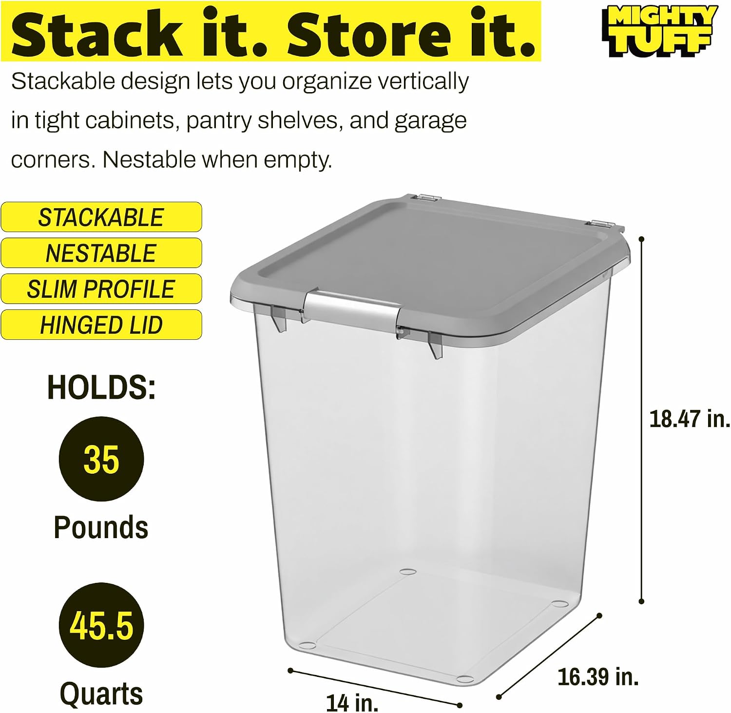 Mighty Tuff 35 lb Dog Food Container, Cat Food Storage Bin Airtight with Stainless Steel Latch, Clear Plastic Pet Container with Lid for Kitchen Pantry Organization
