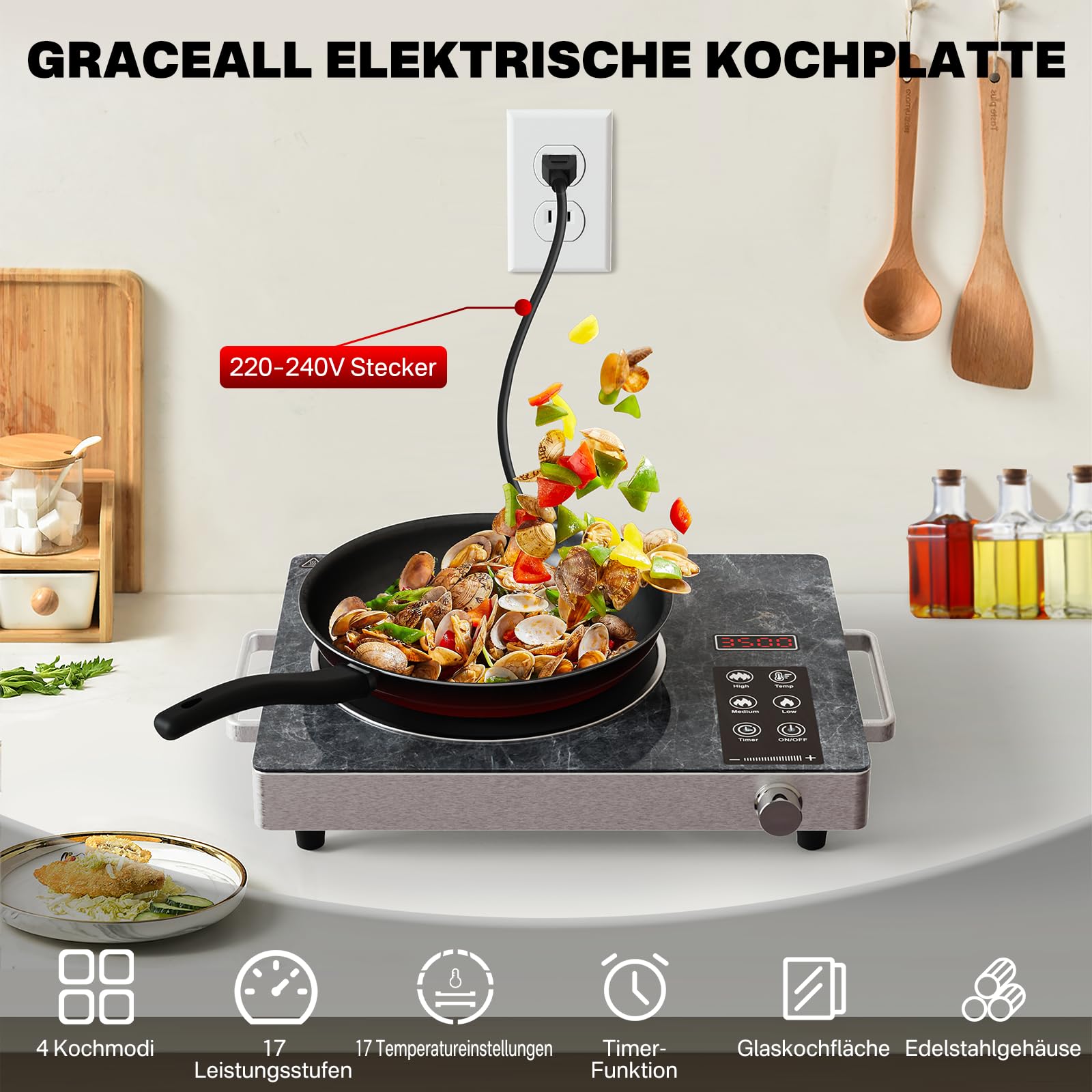 Elektrische Kochplatte, Tragbare Infrarot Glaskeramik Kochplatte, Temperatur Einstellbares Kompaktes Kochfeld, Tragbare Elektrokochplatte für Küche & Camping, Single-Marble