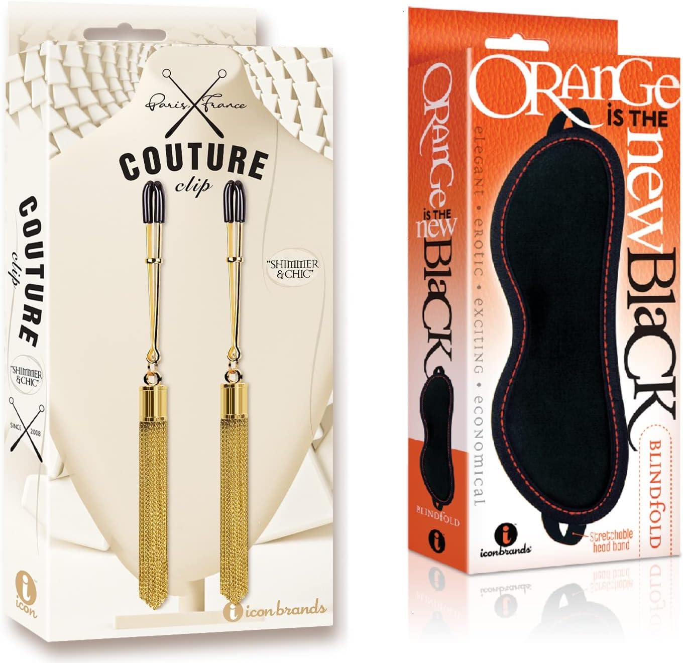 Sexy, Kinky Gift Set Bundle of Couture Clip’s “Shimmer & Chic” Nipple Clamp and Icon Brands Orange is The New Black, Blindfold