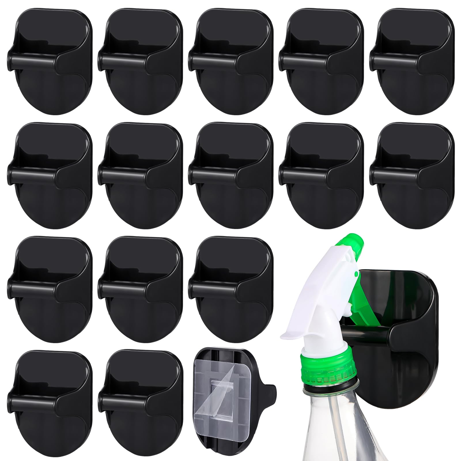 Gerrii 16 Pcs Spray Bottle Holder Wall Mount Spray Bottle Hanger Adhesive Hooks for Cabinet Plastic Rack Organizer to Create Storage Space for Kitchen Bathroom Sink Cleaner(Black)