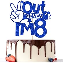 Out Seven Im 8 Cake Topper, Its Great to Be 8, for Boys Girls 8th Birthday Decorations, Happy 8th Bithday Decorations Blue Glitter