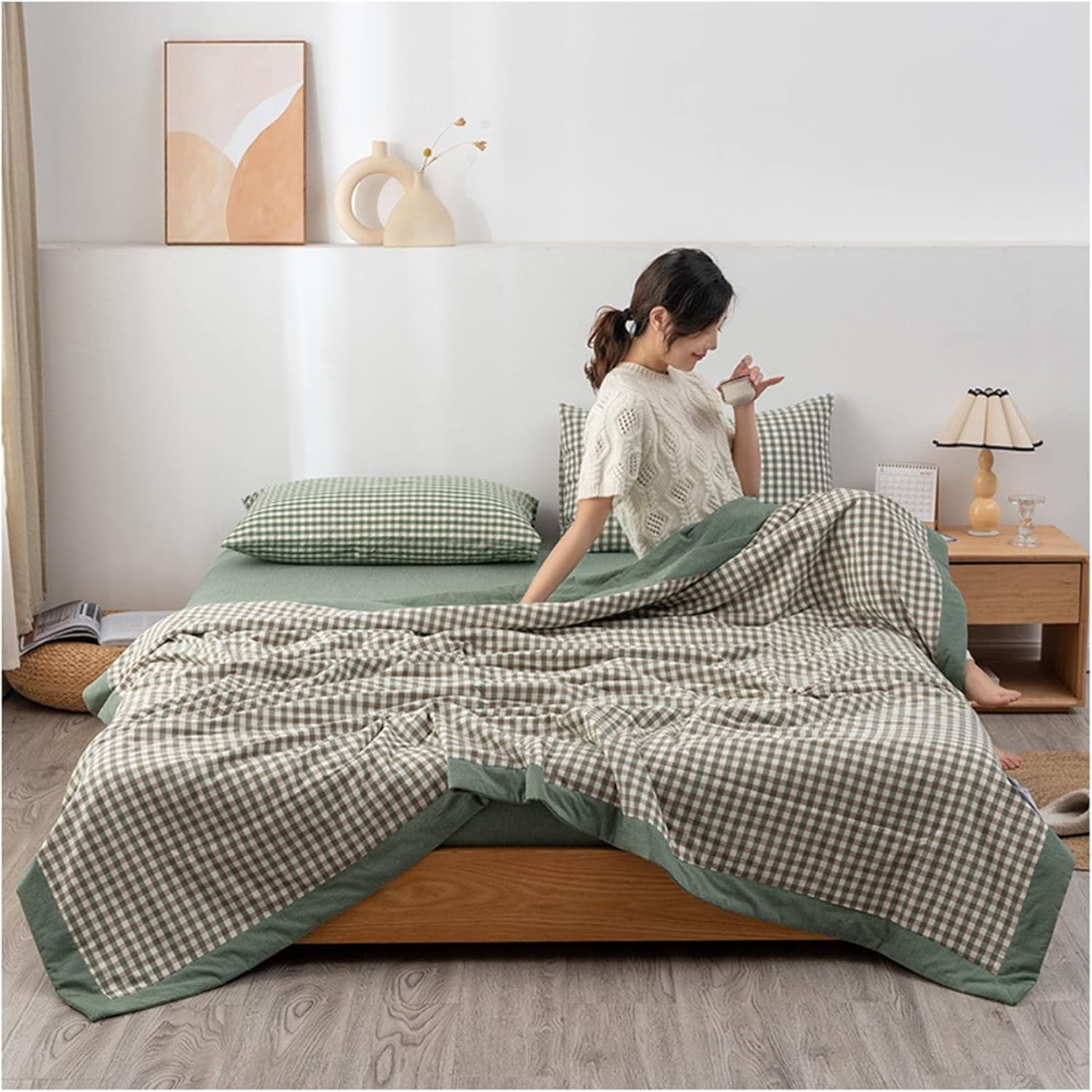 Summer Quilt Double, Lightweight 100% Natural Yarn-Dyed Washed Cotton Plaid Pattern Bedspreads for All Season, Soft and Breathability Summer Coverlet ,F,200x230cm