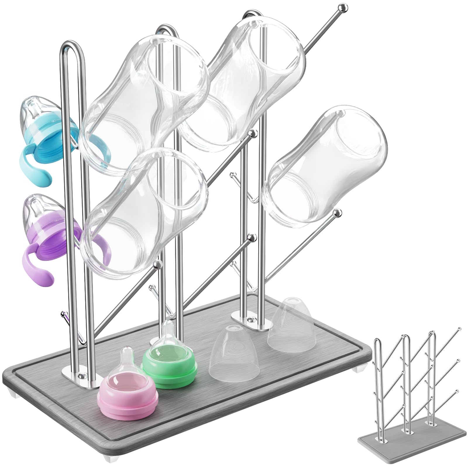 NiHome Baby Bottle Drying Rack with Diatomite Base & Stainless Steel Frame, Foldable Countertop Organizer Holds 9 Bottles