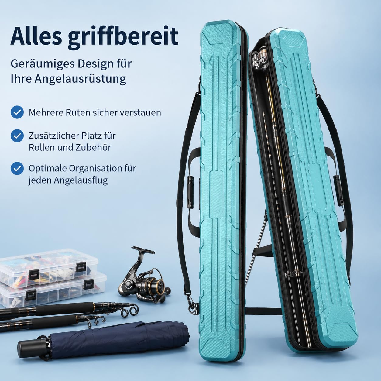 Angelzubehör wasserdichte Angelkoffer Hartschalenetui Rutenhalter Tragesystem Innenhalterung Große Kapazität für Ausflüge Reisen, Ocean Blue, Premium Hartschalen-Rutenkoffe, Blue