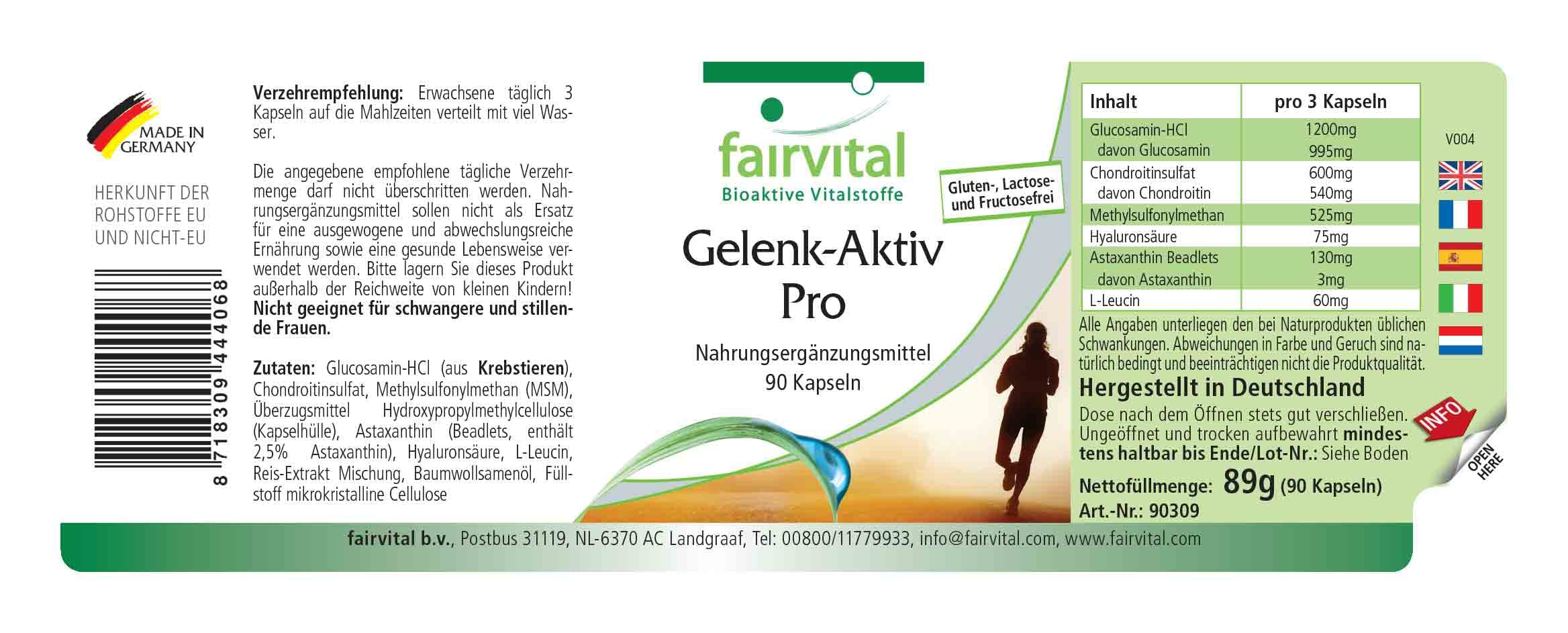 fairvital Gelenk-Aktiv Pro, 90 Kapseln, Glucosamin 1200 mg pro Tagesdosis mit Chondrotinsulfat + MSM + Hyaluronsäure + Astaxanthin, HOCHDOSIERT