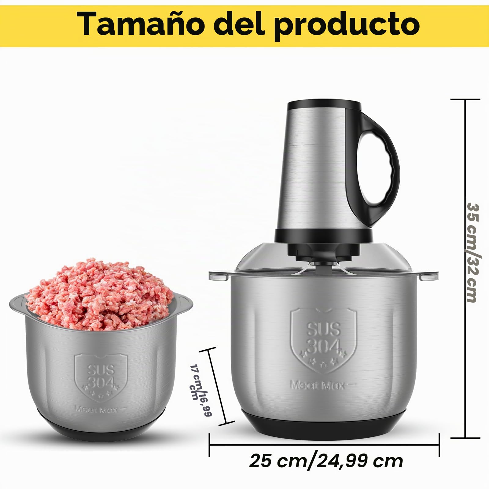 Picadora Eléctrica 4L con Bol de Acero Inoxidable 304, Motor Potente de 300W de Cobre Puro, 3 Velocidades, Upgrade Double S-Blades, Ideal para Carne, Verduras y Frutas
