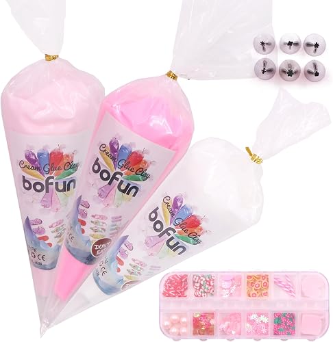 BoFUN Decoden Cream Glue Charms Kits, Whipped Cream Glue Clay for Crafts | DIY Phone Cases Kit Craft for Jewelry, Mirrors & Scrapbooking - Cartoon Charms with Piping Tips (Pink/White)