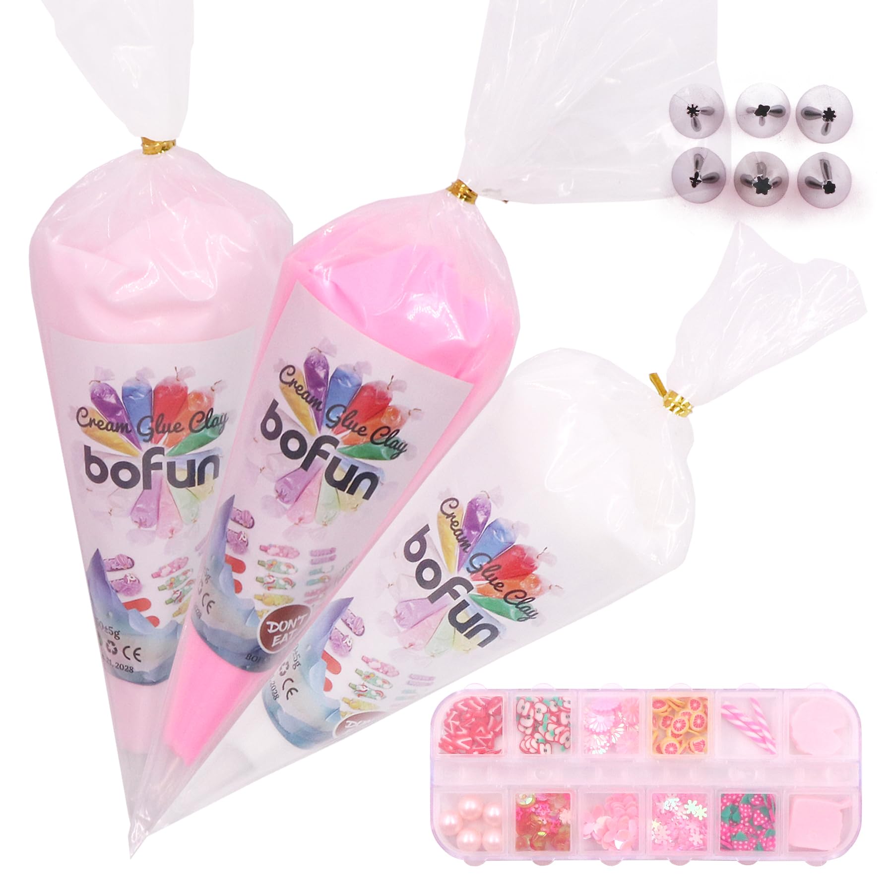 BoFUN 3 Pcs Cream Glue Clay with Resin Charms Phone Case Kit for Jewellery, Mirrors and Scrapbooking - Cartoon Charms with Piped Tips (Pink/White) — image 1