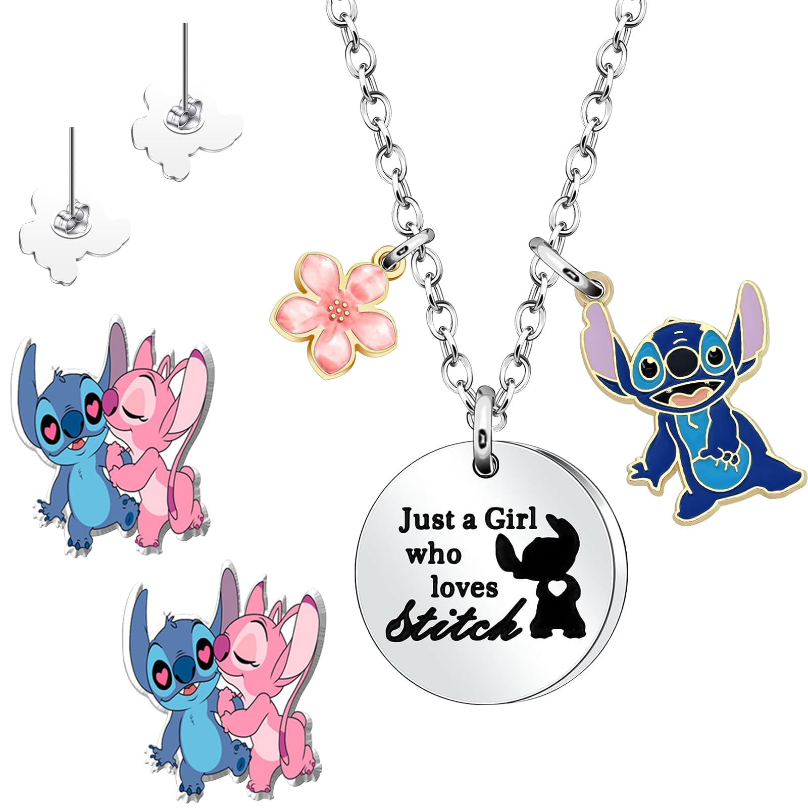 BITOWOStitch Necklace for Girls Kids Women Stitch Earrings for Girls Studs Gifts Jewellery Set Anime Earrings Studs Blue Ear Studs Set Cute Necklaces for Teenage Girls Gifts Friendship Christmas Eve Fillers