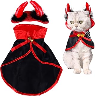LOCOLO Cat Halloween Costume,1 Piece Pet Cloak Red Black Pet Cape 1 Piece Horn Headdress Cat Cape Pet Mantle with 2 Piece Bells, Pet Apparel Christmas Costume for Small Dogs and Cats