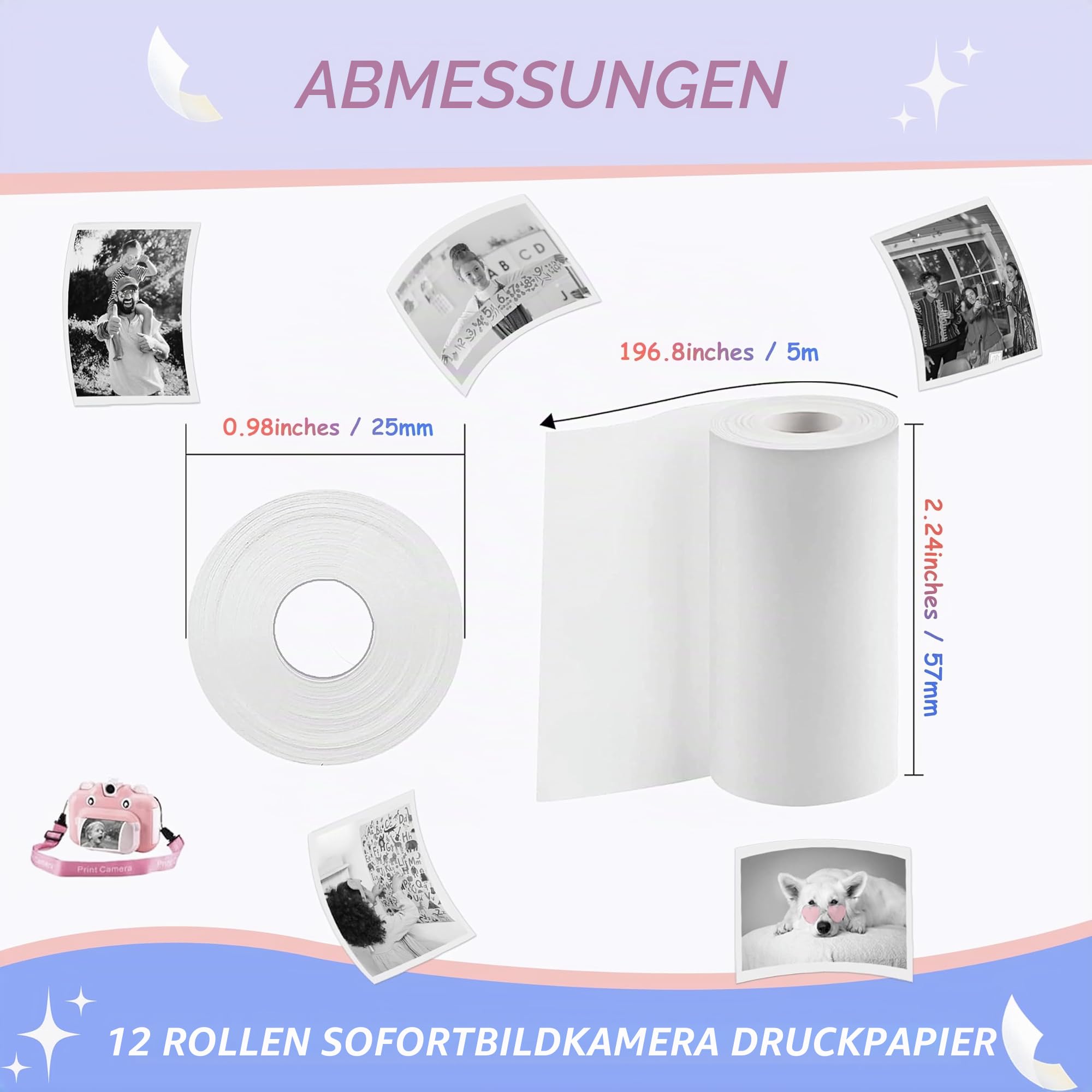 12 Rollen MIARALA Sofortdruck Kinderkamera-Papierrolle Nachfüllpackung, HD-Druck-Kamera-Papier-Nachfüllpackung für die meisten Kinder-Sofortbildkamera, BPS/BPA-frei