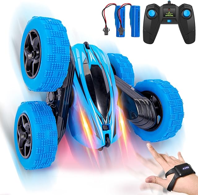 ThinkMax Remote Control Car,2.4Ghz 360°Double Side Flips RC Stunt Car Toy Gift,Gesture Sensing Drift RC Car for Kids Aged 6-14(BLUE) (blue)