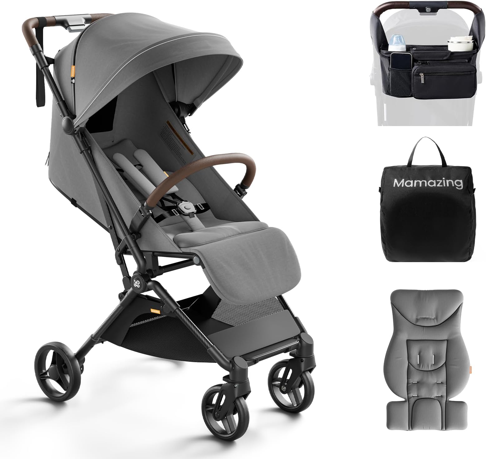 MAMAZING Ultra Air Travel Stroller, Grey, One-Handed Fold, 11.5 lbs, 6 Months to 50 lbs, Sun Protection, Ample Storage, Safety First