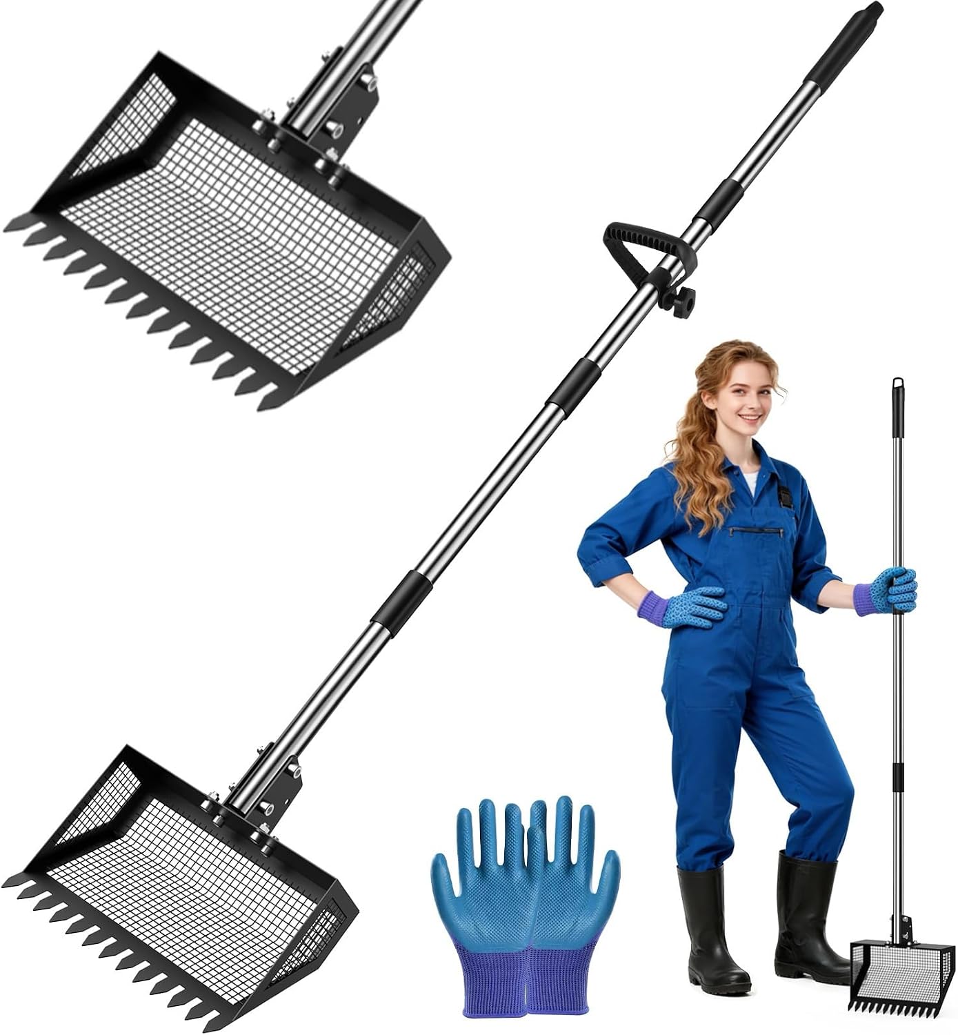 2-in-1 Chicken Poop Scooper & Rake, 3 Angles of Use with 10” Metal Shovel Head, Adjustable Stainless Steel Handle (36–76”), Chicken Poop Scoop for Sand & Bedding
