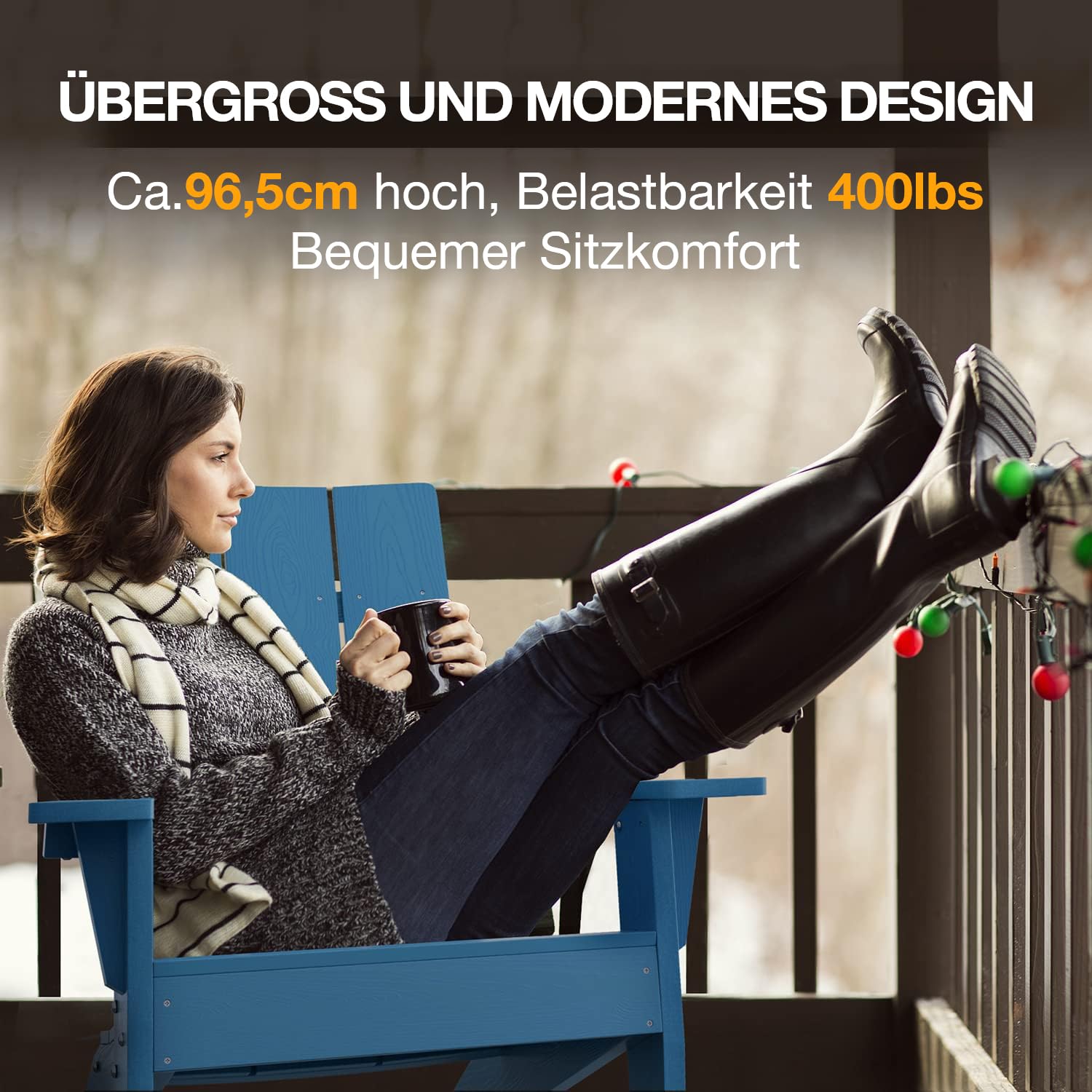 Adirondack Stuhl mit Getränkehalter für Outdoor Garten: Wetterfest Adirondack Chair Kunststoff HIPS - Ergonomisch Adirondack Relaxsessel Outdoor Stuhl für Balkon/Feuerstelle/Terrasse/Beach(Navy)