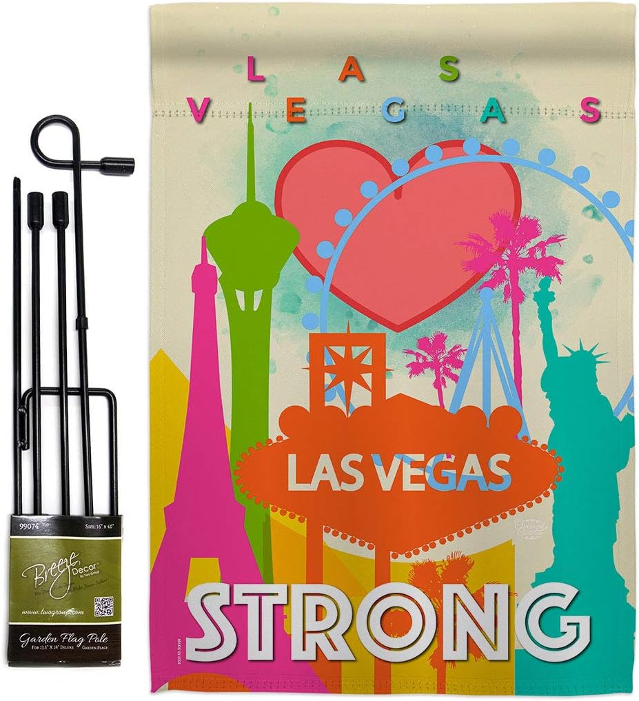 Las Vegas Strong Burlap Garden Flag Set with Stand Support Cause BLM Anti Racism Justice Revolution Movement Equality Social Small Decorative Gift Yard House Banner Double-Sided Made In USA 13 X 18.5