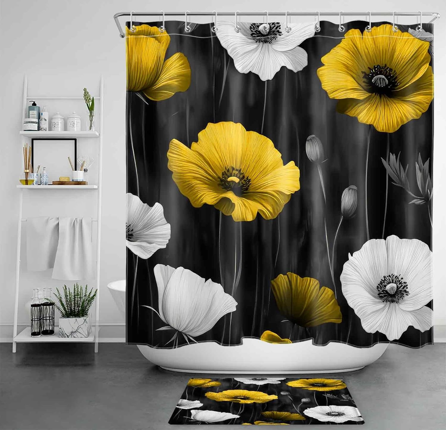 LB Aesthetic Floral Shower Curtain, Rustic Yellow Flower Black and White Shower Curtain and Rug Set, Washable Waterproof Fabric Bathroom Curtains with Hooks,72x72 inch
