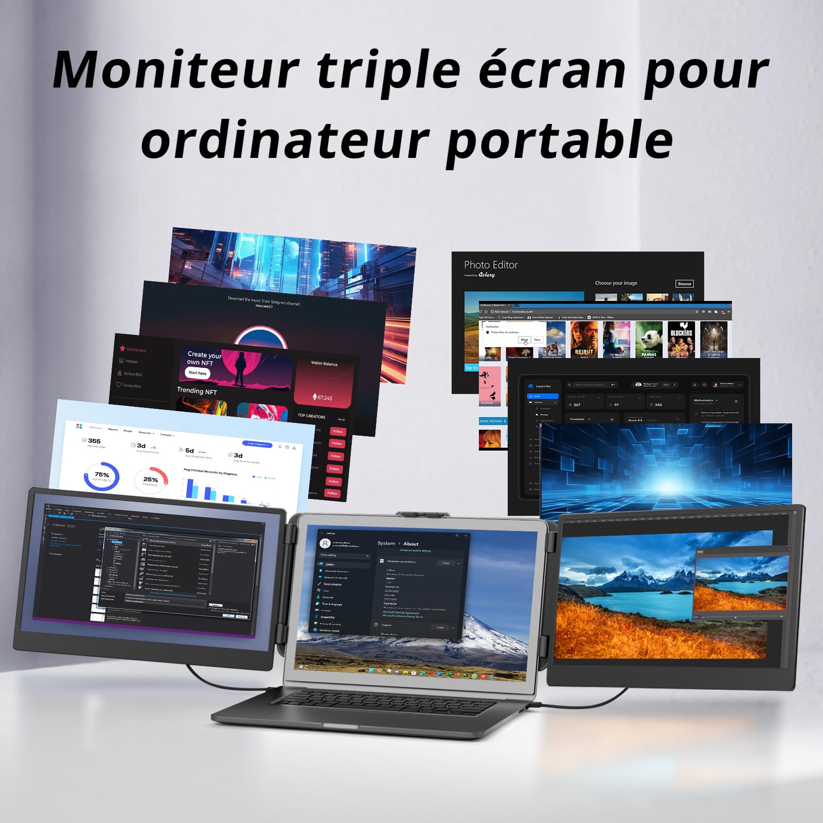 Double Ecran PC Portable 14" FHD 1080P IPS Moniteur Portable Extension pour 13,3-17" Ordinateur Portable Compatible Windows Chrome Linux