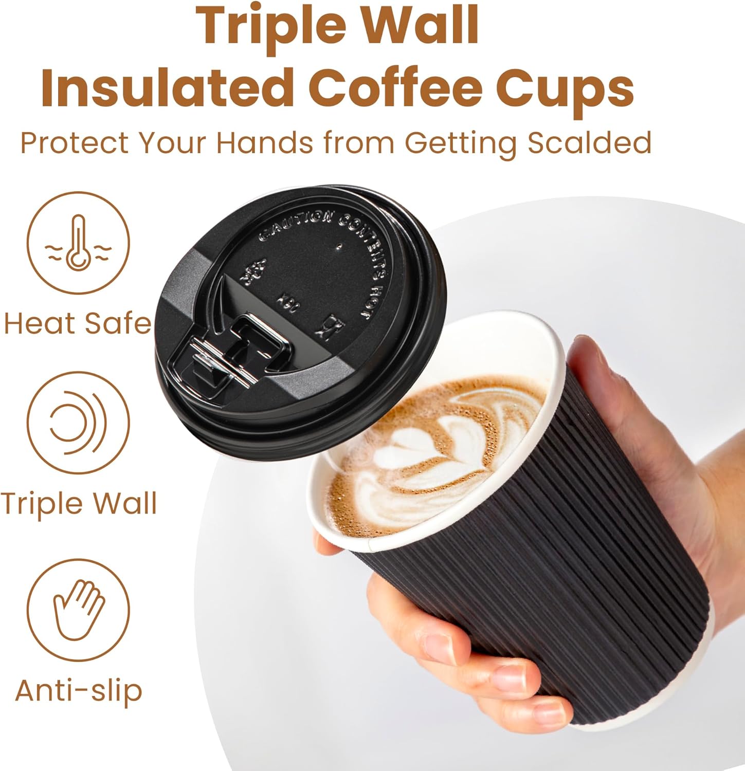 Fit Meal Prep 50 Pack 12 oz Black Disposable Coffee Cups with Lids, Corrugated Triple Wall To Go Hot Cups, Insulated Paper Coffee Cups for Hot Beverages, Travel, Home, Office (Black Lids) - Image 3