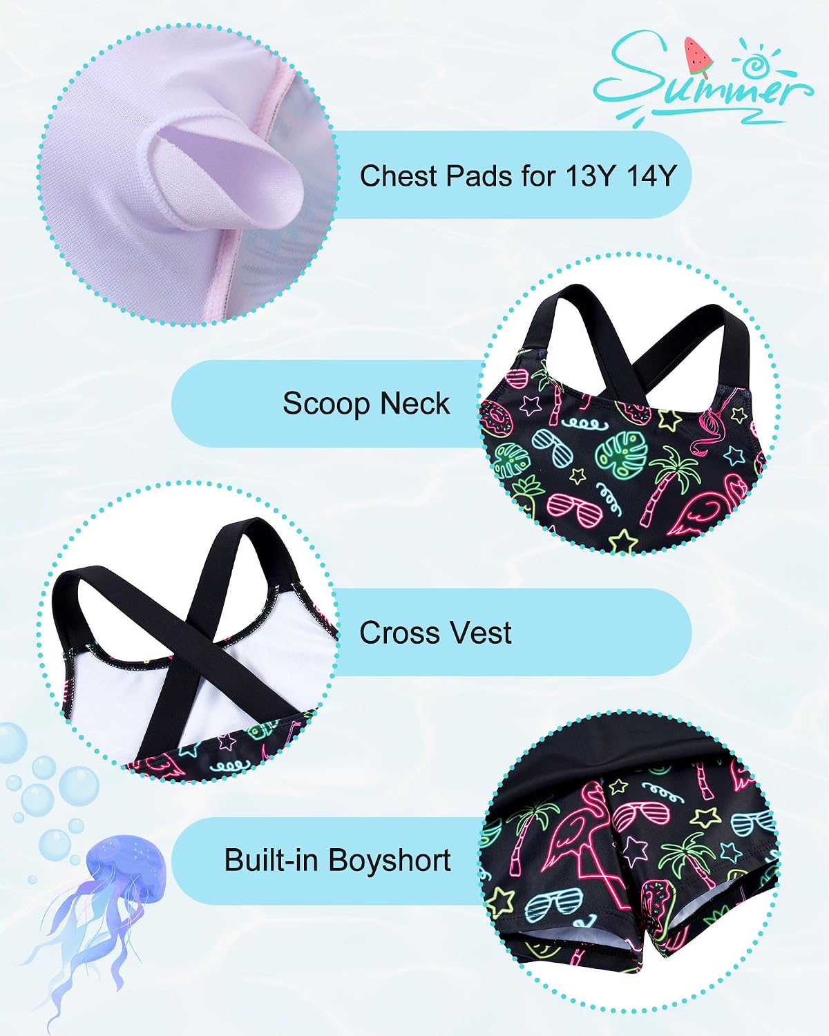 AIDEAONE Girls Swimsuit Two Piece Tankini Skirt Set with Boyshort Summer Beach Bathing Suit Size 6-14