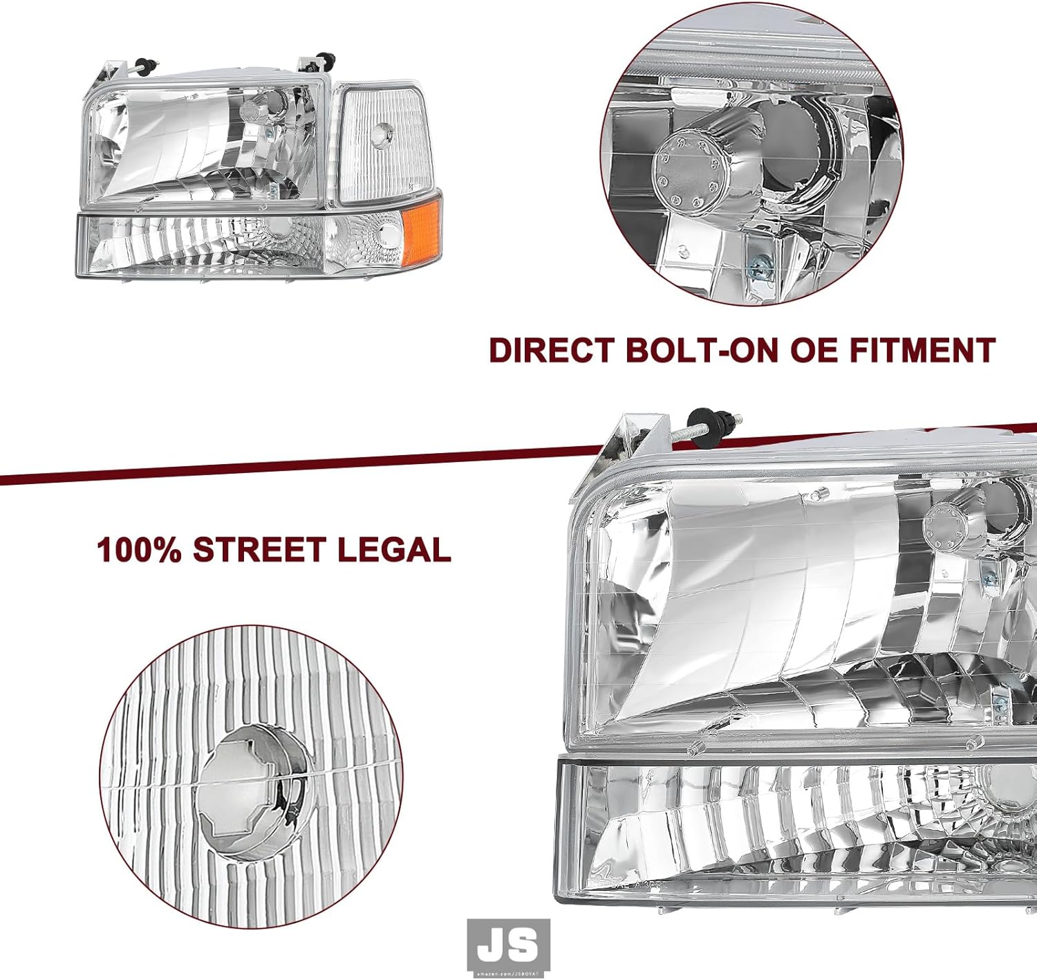 JSBOYAT 6pcs Headlight Assembly Replacement with Bumper Corner Headlamp for 1992 to 1996 Ford F150 Bronco 1992 to 1997 F250 F350 Super Duty (Chrome Housing with Amber Reflector)