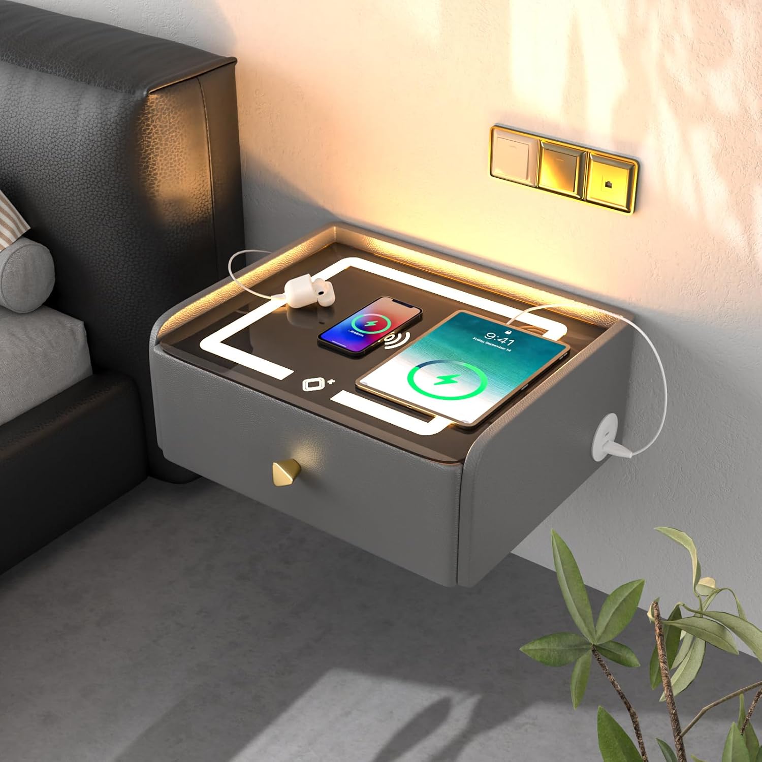 HOMEMORE Floating Nightstand with Charging Station Bedside Table LED Smart Bedside Table Wall Mounted Nightstand Grey