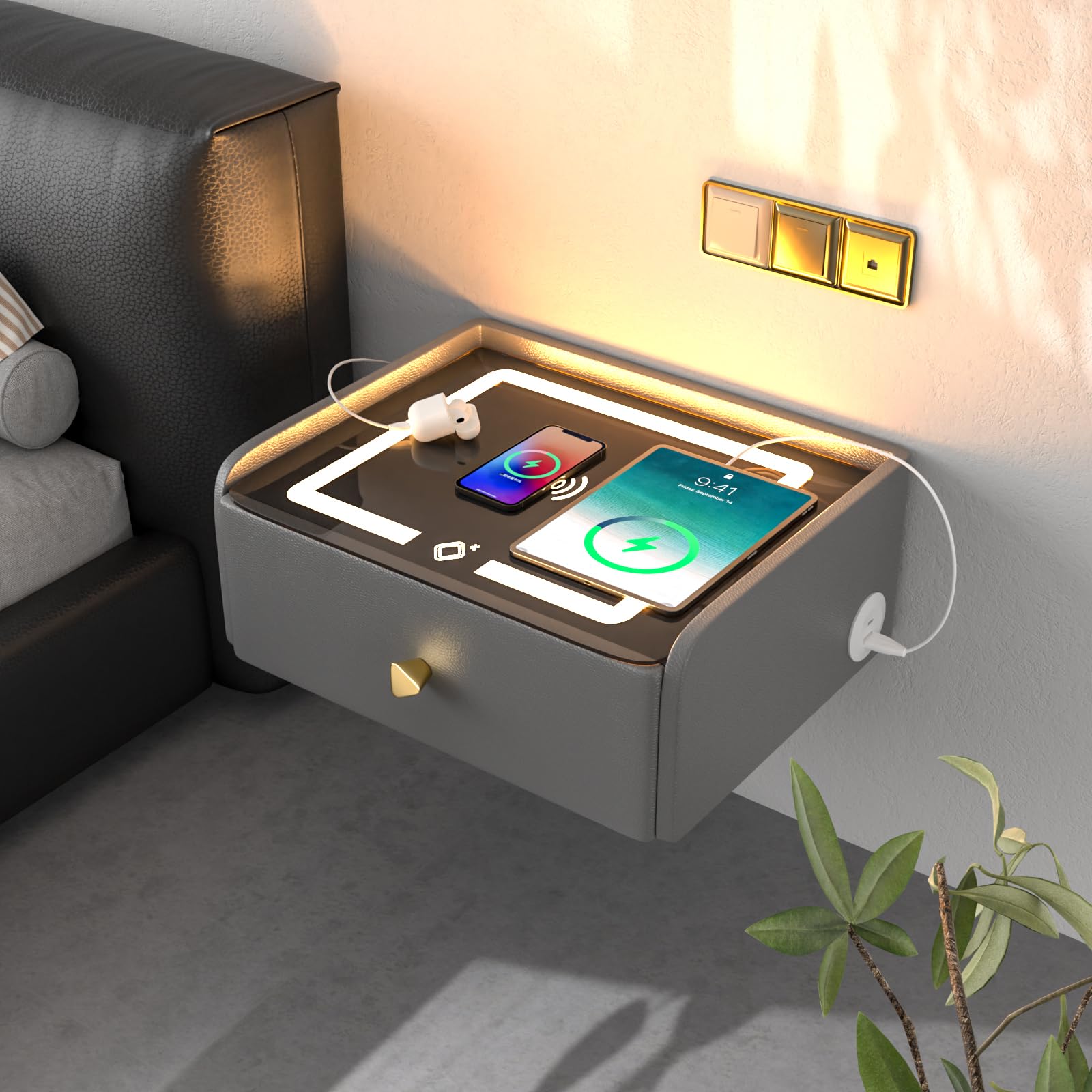 HOMEMORE Floating Nightstand with Charging Station Bedside Table LED Smart Bedside Table Wall Mounted Nightstand Grey