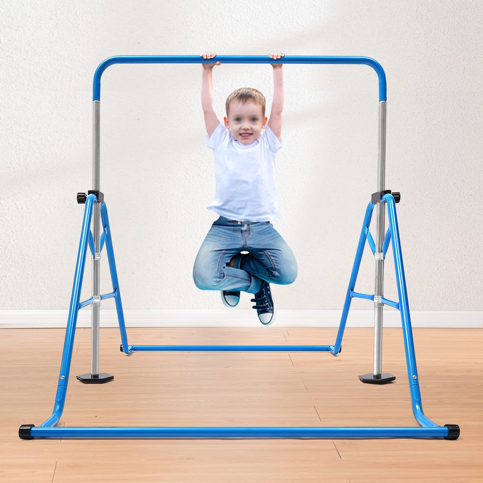 Barres pliantes de gymnastique bleues, barres horizontales réglables pliables barres d'entraînement junior multifonctionnelles, pour enfants entraînement à la maison 107 x 148 cm