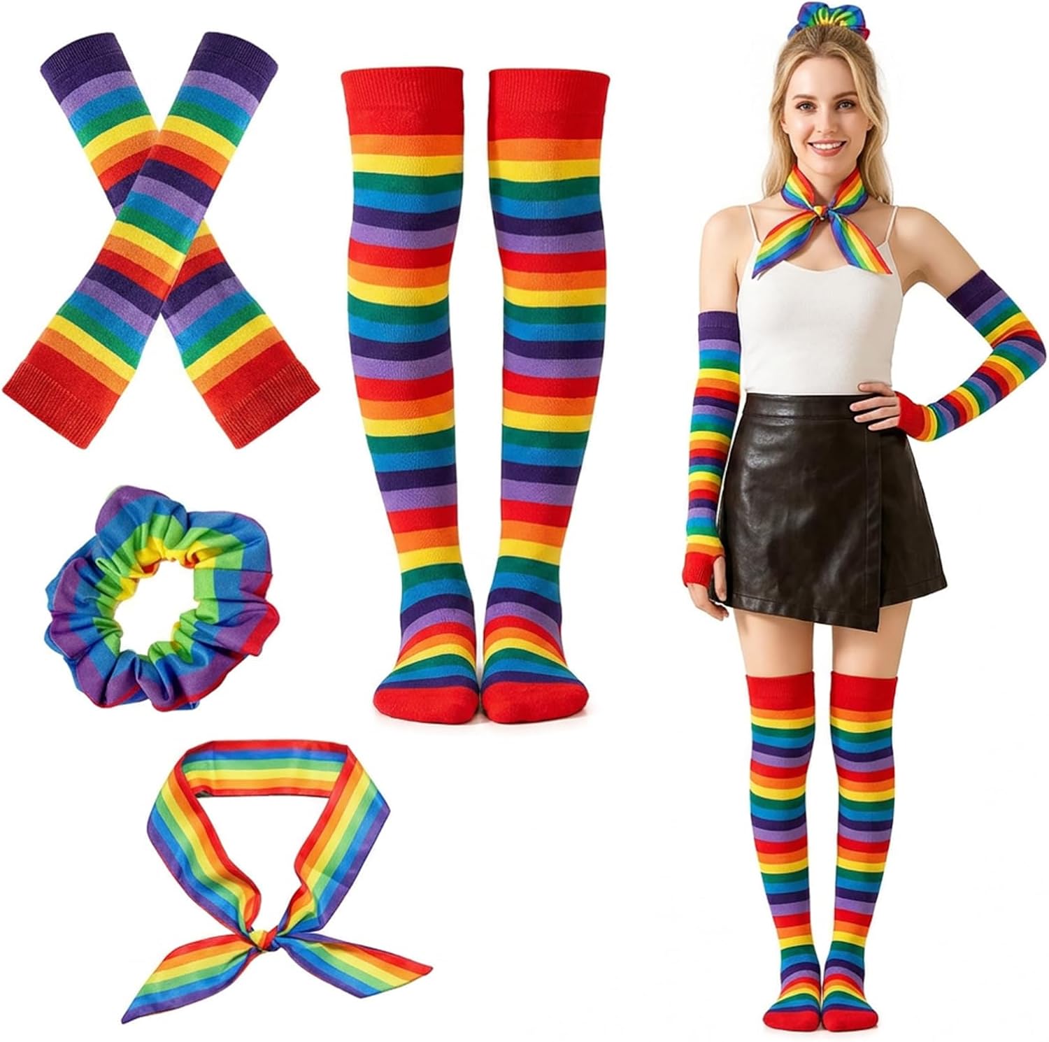 4-Piece Colorful Arm Warmers and Thigh High Socks, Rainbow Socks and Leg Warmers Set,Dance and Fitness Accessories for Halloween Cosplay Costume Accessories