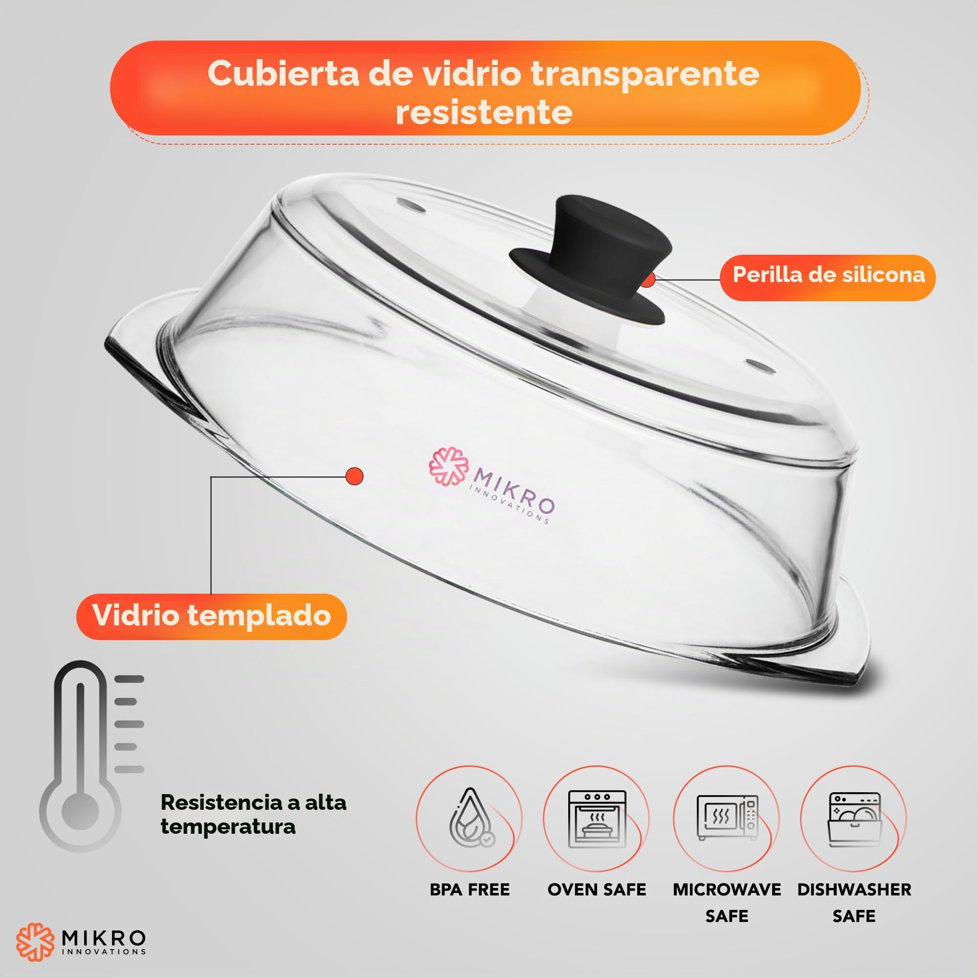 Cubierta alta de vidrio para salpicaduras de microondas | Tapa de vidrio transparente resistente 100% apta para alimentos, sin BPA, con mango de silicona de fácil agarre | Vidrio resistente para mayor