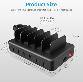 Charging Station for Multiple Devices, 50W 6 Ports USB Charger Station