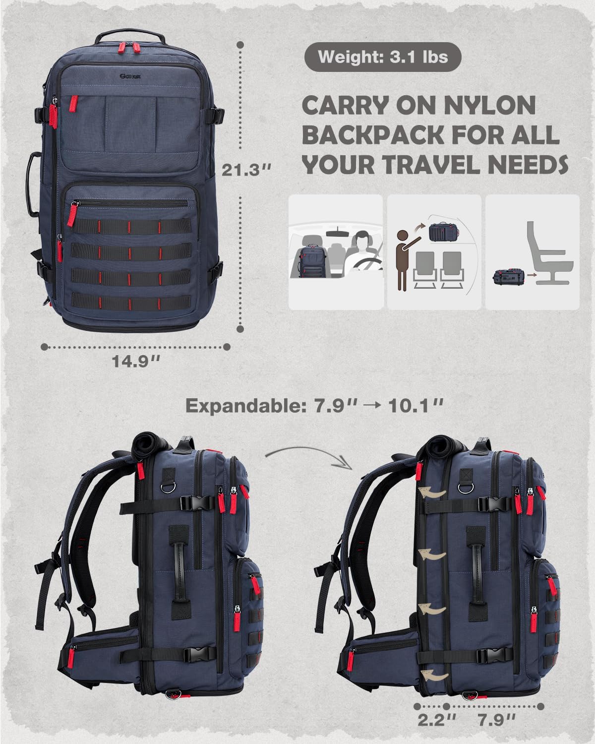 Gonex Travel Backpack, Large Carry-On Nylon Duffle Bag, 3-in-1 Convertible Laptop Bag for Men & Women, Durable for Work & Weekend Travel (Blue) - Image 2