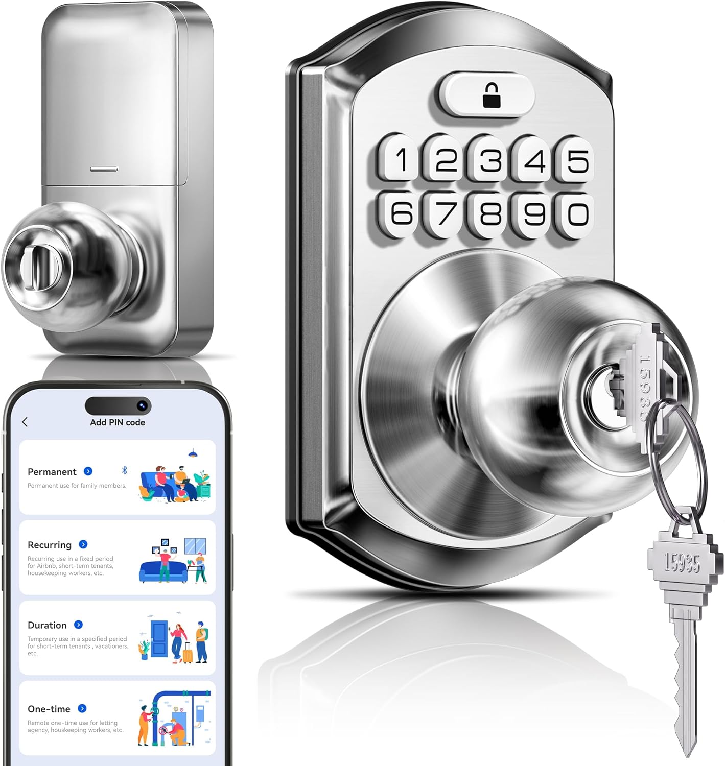 TEEHO TE018 Smart Door Knob with Keypad, App Control, Keyless Entry Digtal Door Lock with Handle, Remote Share One-Time Code, Auto Lock, Easy Installation for Front Door, Bedroom, Rental, Satin Nickel
