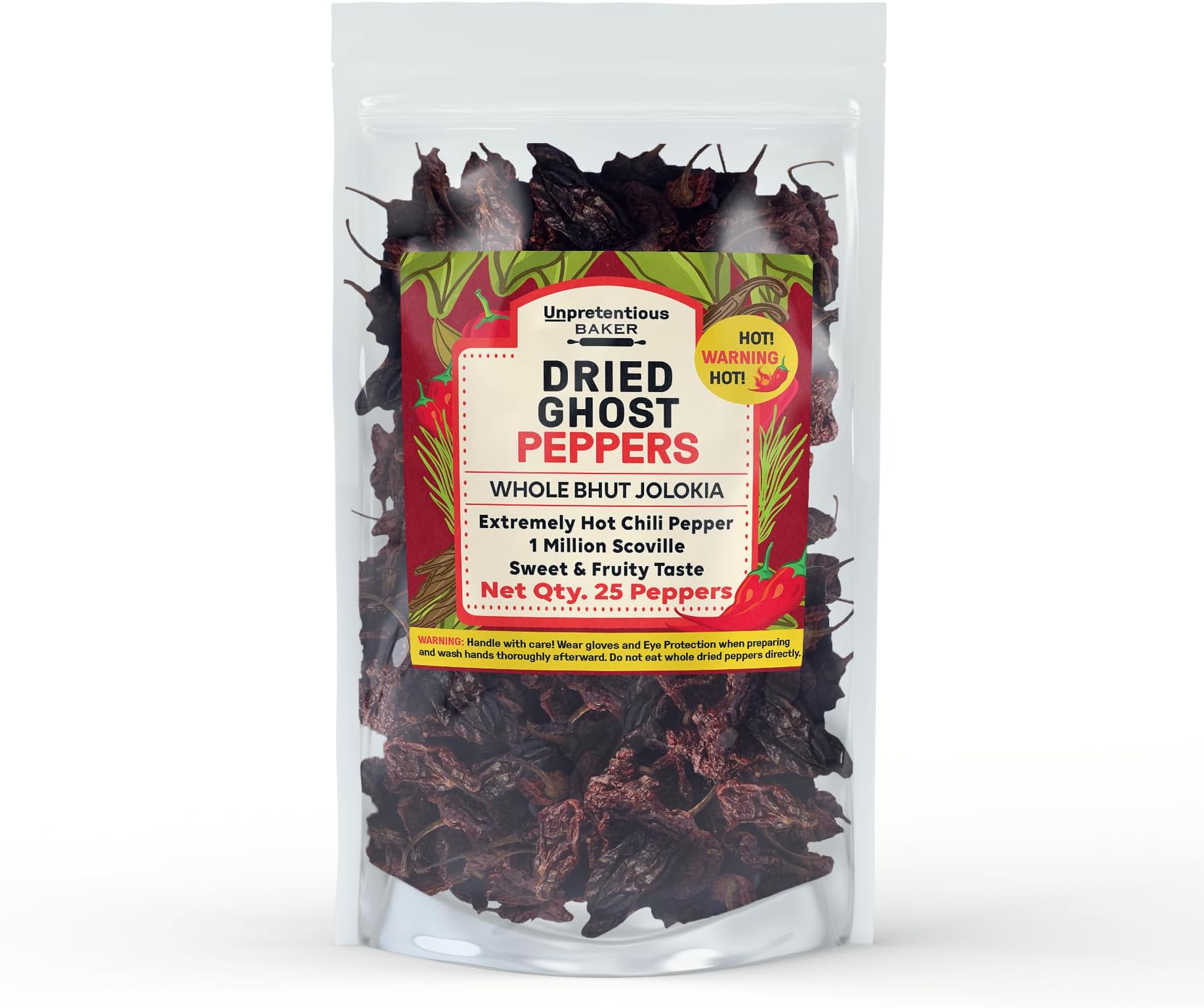 Unpretentious Dried Ghost Peppers, 25 count, Extremely Hot Bhut Jolokia Chile Peppers