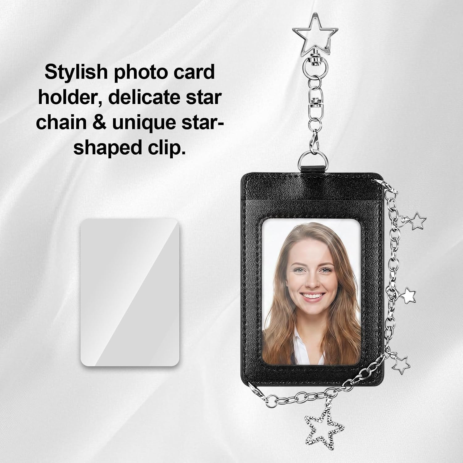 Photocard Holder Keychain with Metal Chain Photo Card Protector Star Pendant Black Leather Photo Card Holder Hard Protective Cards Case ID Badge Holders Bag Charm for Fans Concert Daily Use Lover