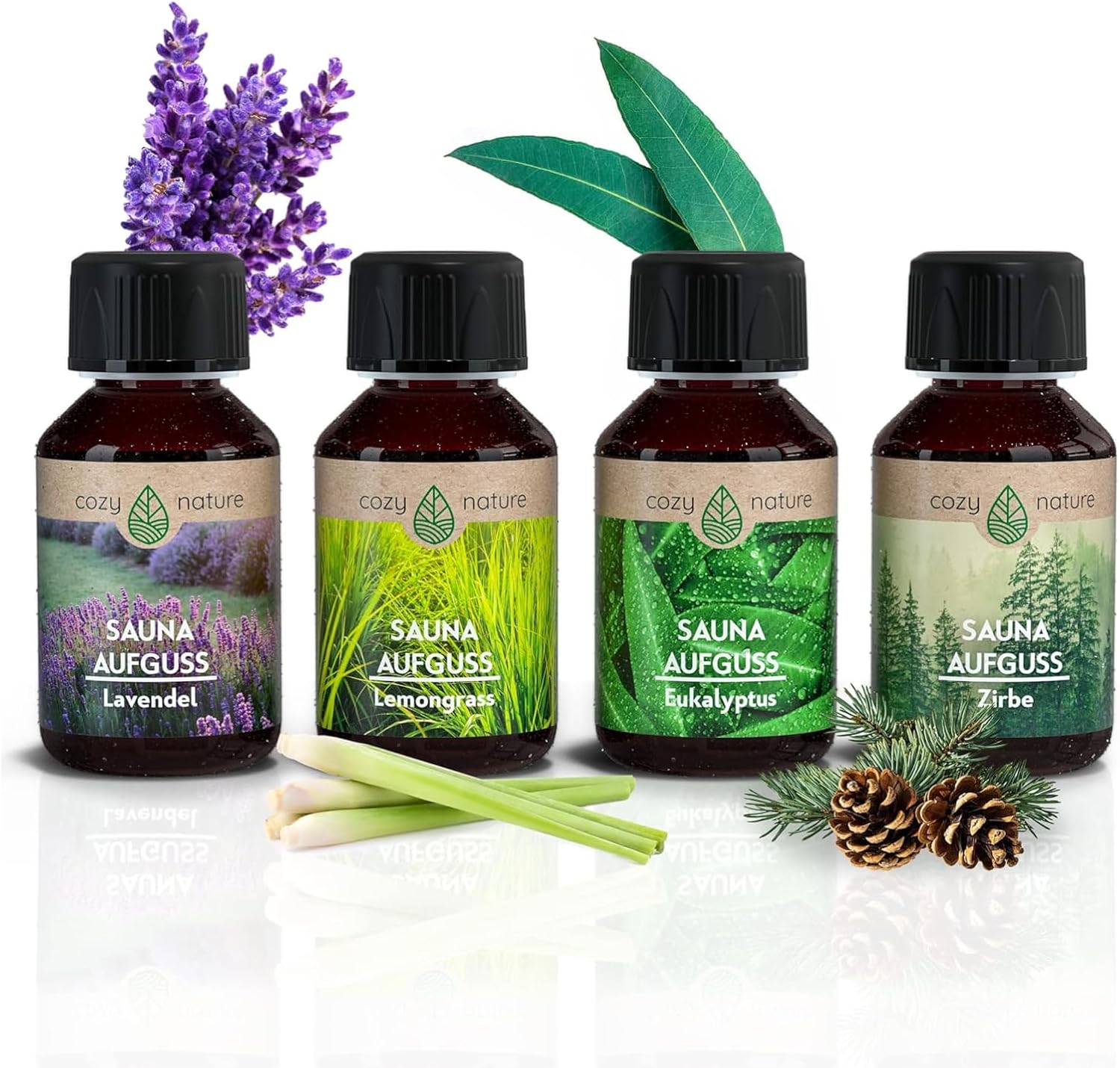 CozyNature Sauna Infusion with Essential Oil | Sauna Infusion | Sauna Accessories | Set of 4 – Eucalyptus Lemongrass Pine Lavender – 4 x 100 ml | Includes Free Sauna E-Book