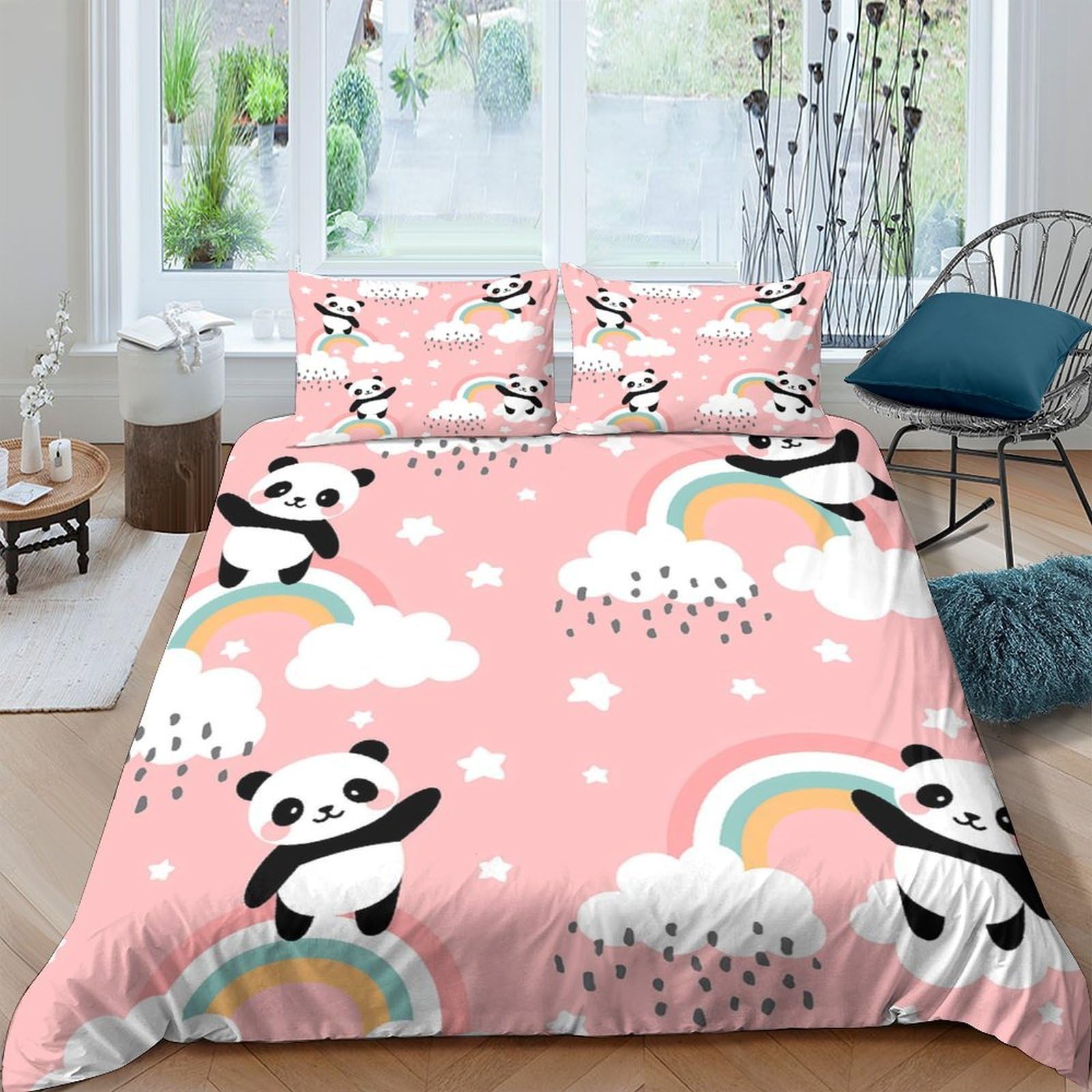 Ctjqhvkz Style-8 3D Printed Cute Panda Fitted Sheet Microfiber Pink Rainbow Bed Cover Non-Slip Easy Care For Bedroom Dorm Décor Single（135X200cm）