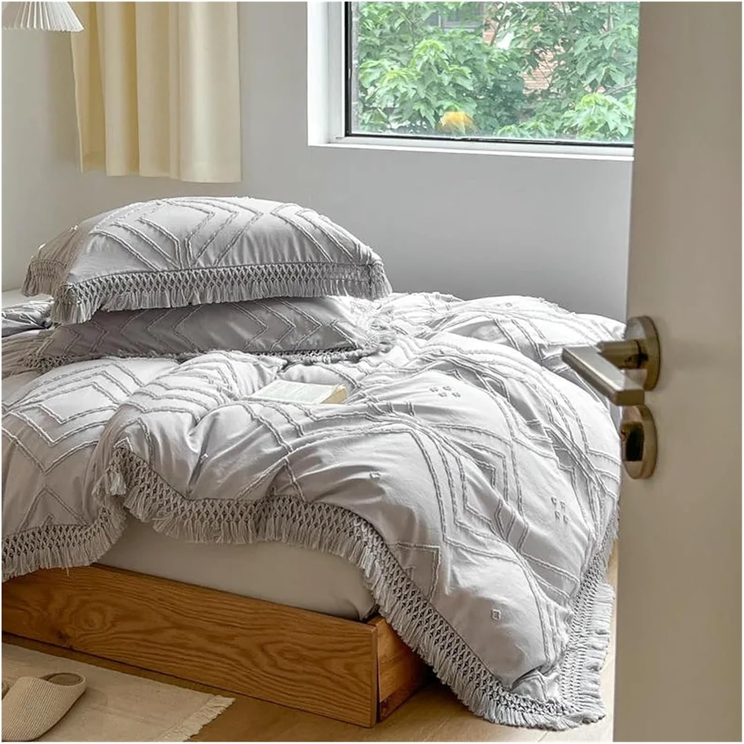 Soft Cotton Textured Duvet Cover Set with Tassel Fringe Boho Chic Bedding Sets Twin Queen Comforter Cover Bed Sheet Pillowcases,Bed