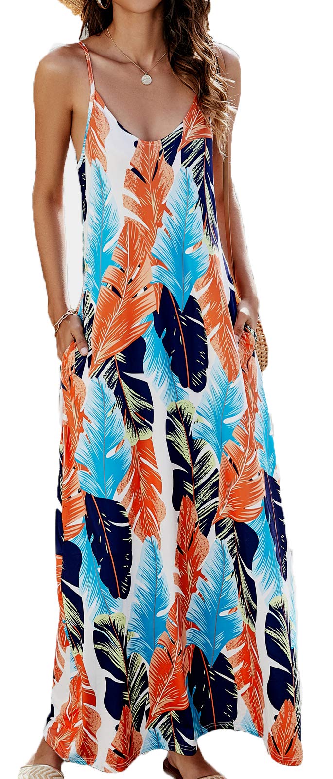 Supnier Women's Summer Maxi Dress Casual V-Neck Sleeveless Bohemian Spaghetti Strap Floral Long Maxi Dress with Pockets