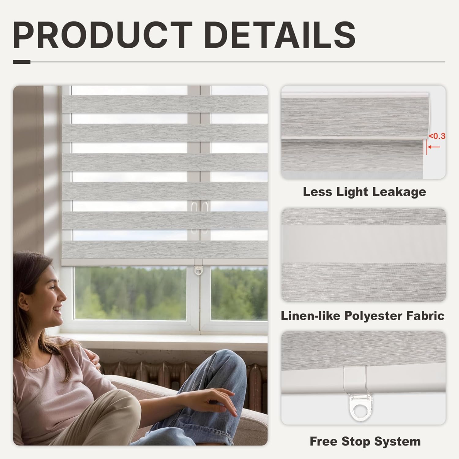 HESTIA Cordless Light Filtering Zebra Shades, Linen-Like Fabric Blinds for Indoor Windows, Dual Layer for Day & Night Light Control in Bedroom/Living Room/Office, Grey, 36" W X 48" H 36"W x 48"H Light Grey