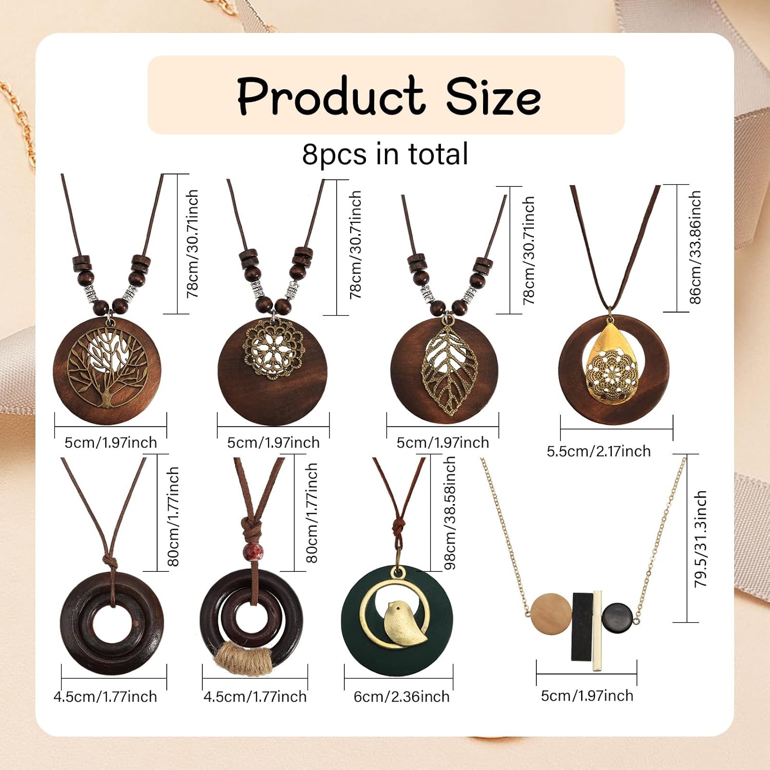 8Pcs Long Pendant Necklaces for Women Boho Sweater Necklace Set Wood Vintage Bird Leaf Chain Brown Handmade Cute Bohemian Fashion Jewelry