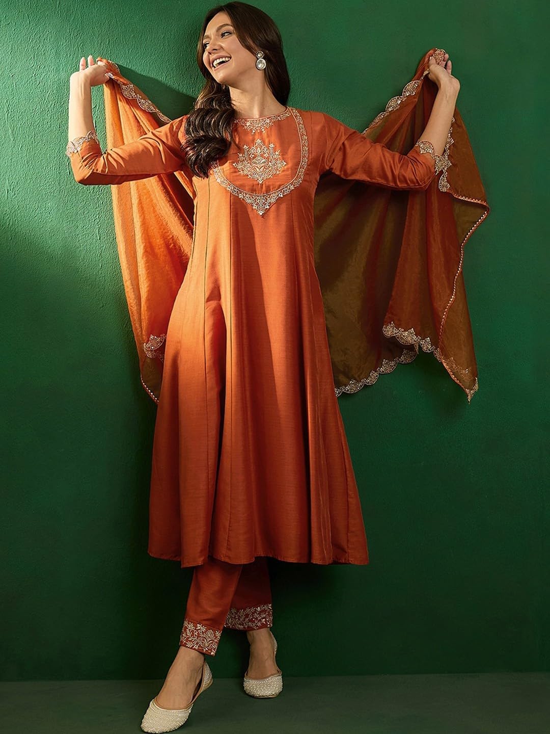 TRENDMALLS Women's Silk Embroidery A line Kurta Pant Set with Dupatta (G263-Orange-XL)