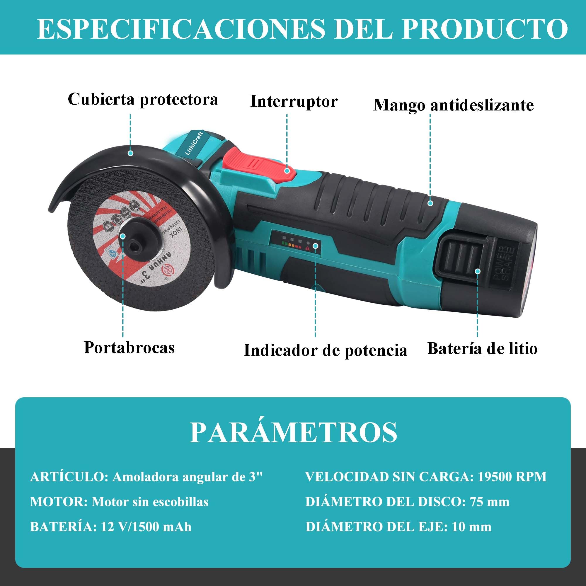 Mini Amoladora Angular Inalámbrica 12V, 76mm Motor Sin Escobillas 19500 RPM, Con 2 Baterías y 8 Discos, Radial Pequeña Cortadora Eléctrica para Metal, Madera y Azulejos