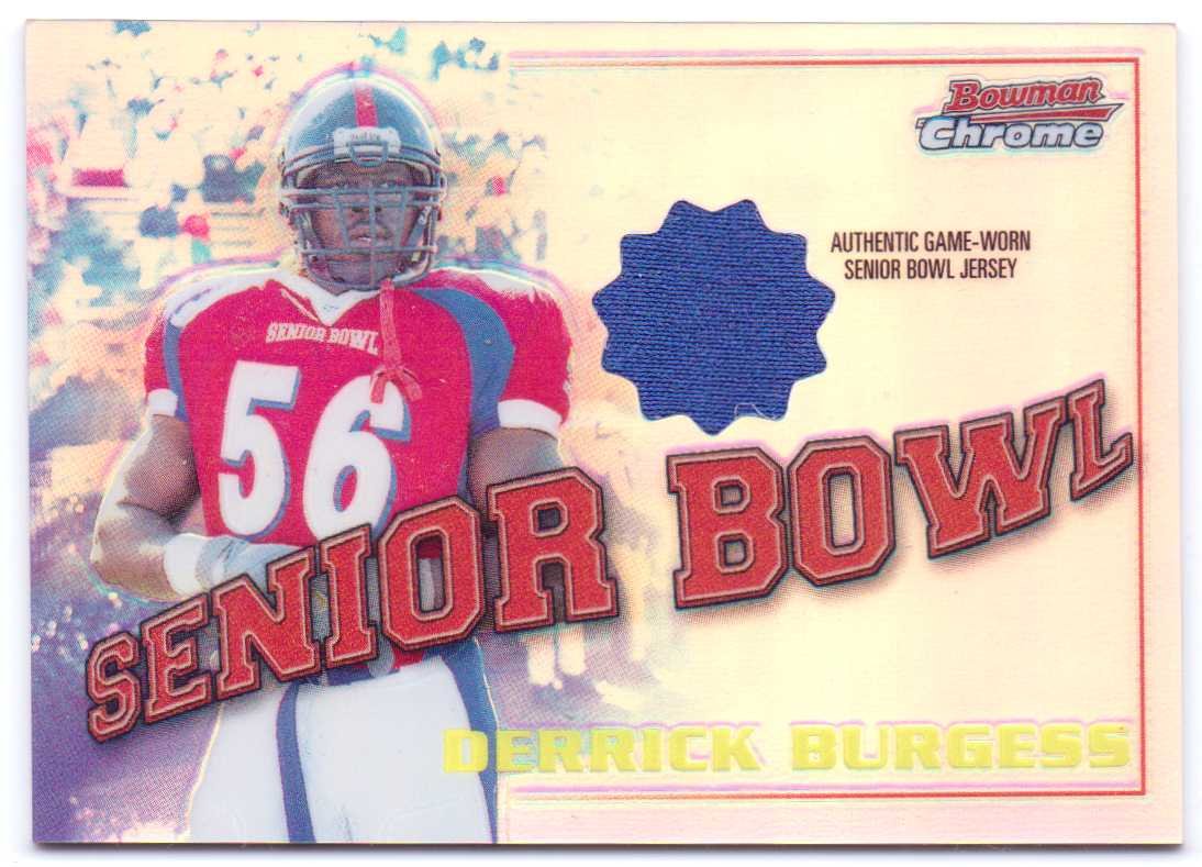 Derrick Burgess 2001 Bowman Rookie Relics Senior Bowl Game Worn Jersey #BCR-DBU - Ole Miss Rebels