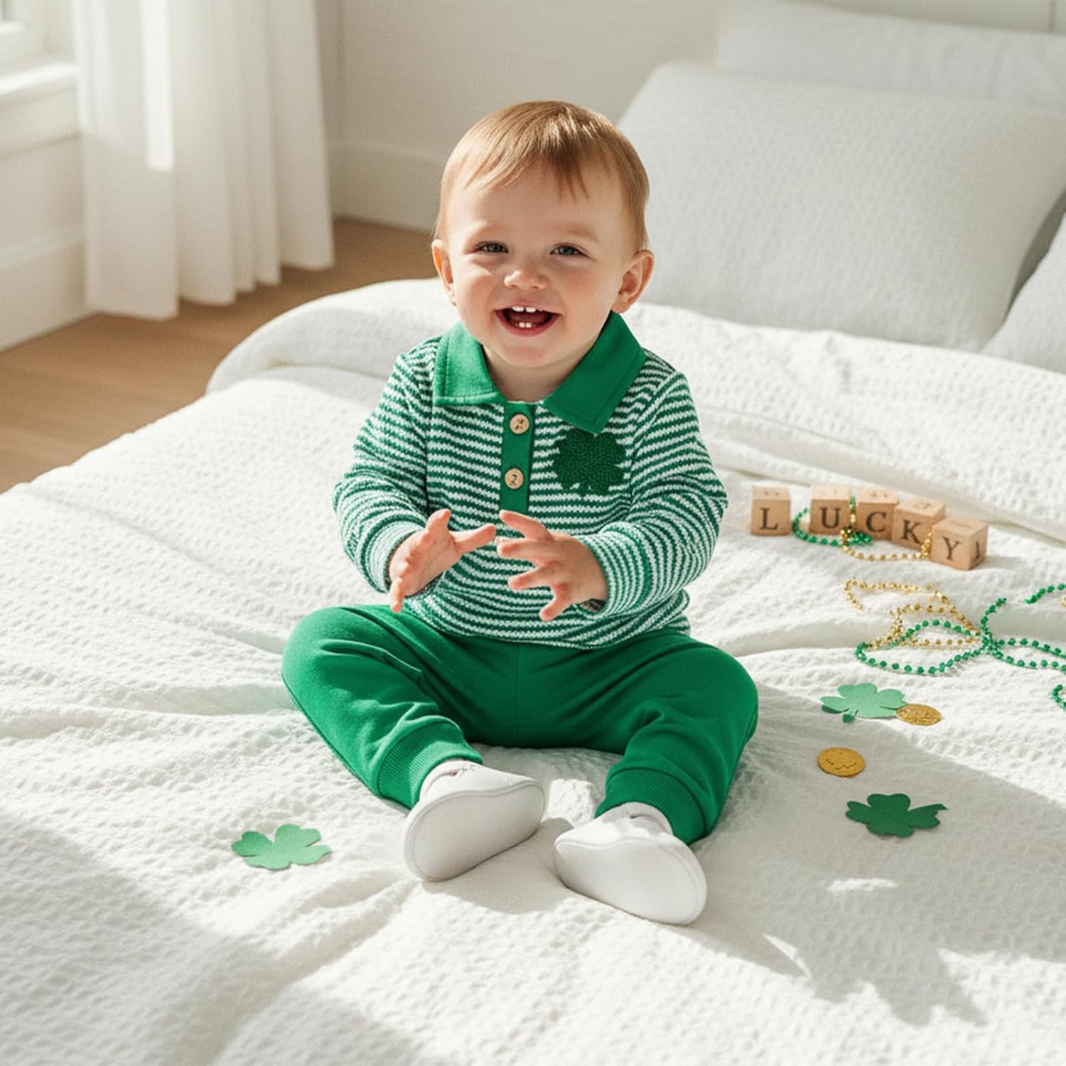 Toddler Baby Boy Valentines Outfit Heart Stripes Sweatshirt Solid Pants Kids Little Boys St Patricks Clothes Set - Image 4