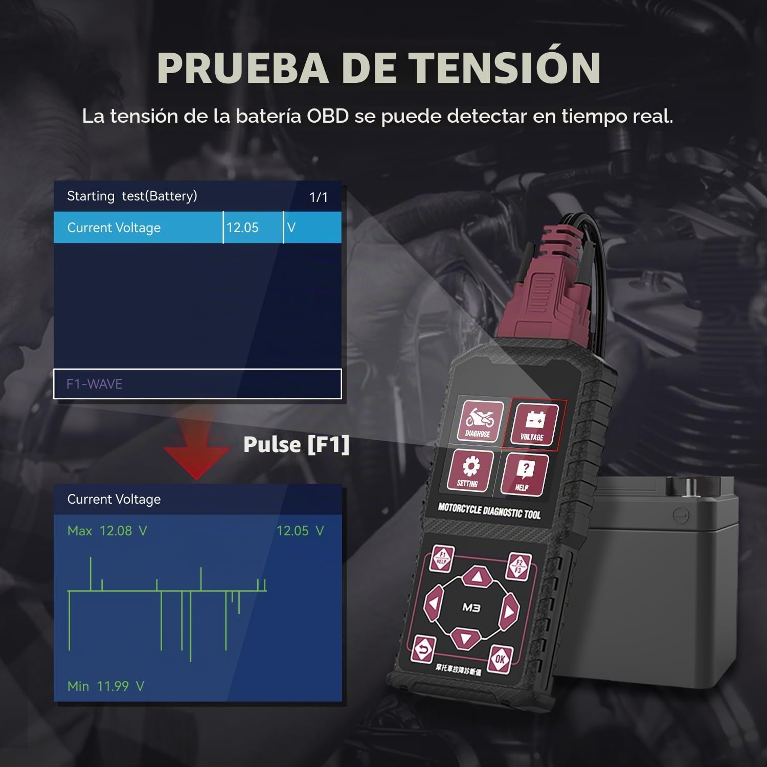 M3-A Motocicleta de Diagnóstico Lector de Códigos de Motocicleta Escáner Herramienta de Diagnóstico de Motocicletas con la Prueba de Voltaje de Prueba rápida para Honda Yamaha Kawasaki OBDII