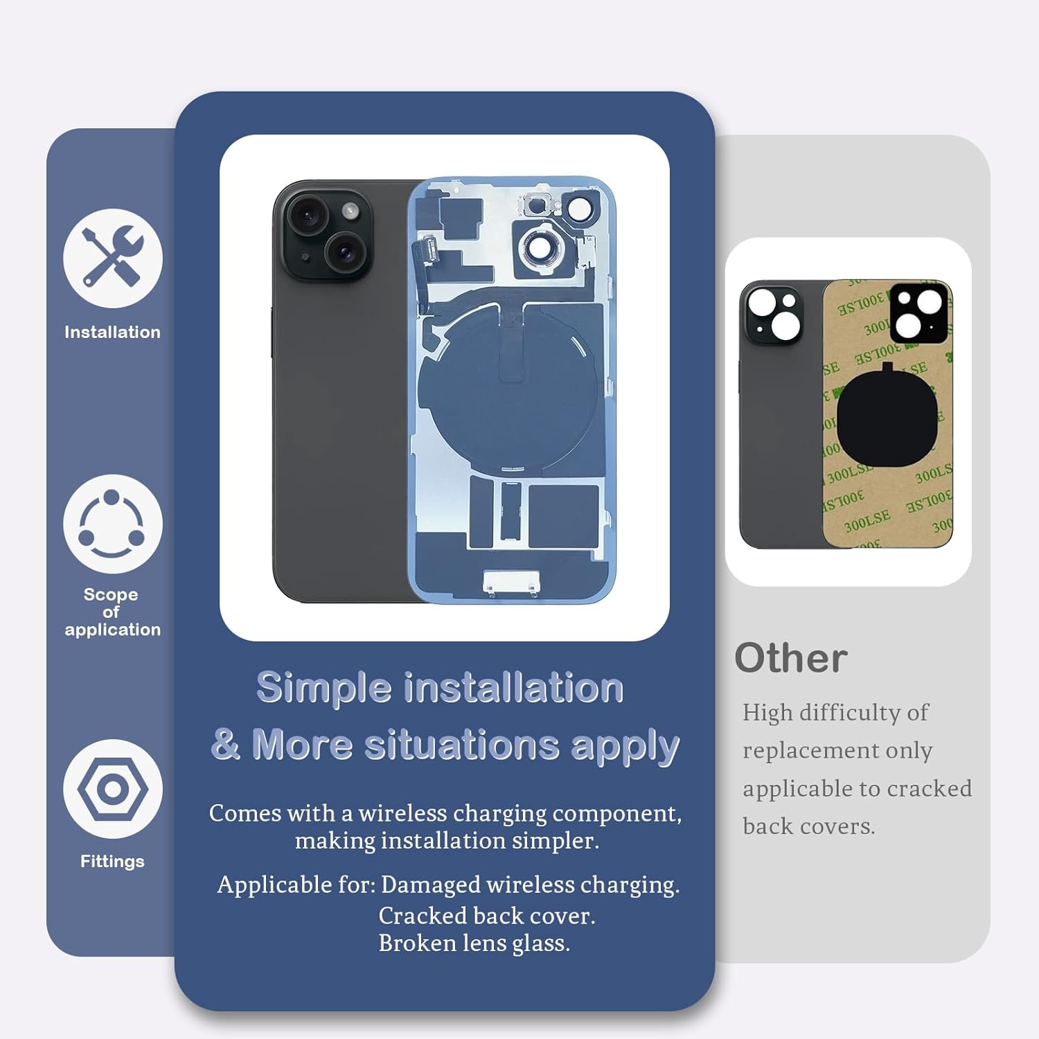 Back Glass Replacement for iPhone 15(6.1 inches Black) Integrated Glass & Wireless Charging Repair Tools are Included